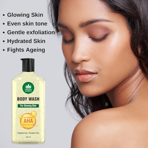 Image of GREENWORTH Body wash for glowing skin with AHA and Aloevera | Hydrating and Gentle Exfoliating Body Wash for Brighter, Softer and Smoother Skin| Sulphate & Paraben Free | 300 ml