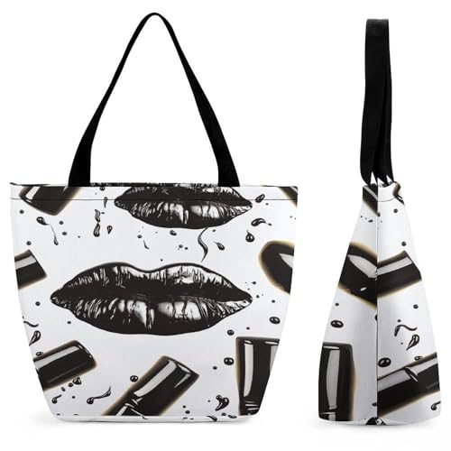 Bolso De Mano Labios Negros Geniales Ajustable Bolso De Hombro Casual Bolsa De Lona Para Amigas Escolares Mamá