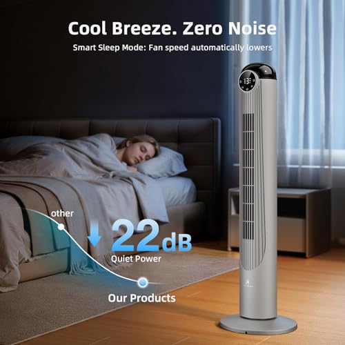 Image of Antarctic Star T42 Tower Fan-42 Inch, Bladeless Oscillating Fan with Remote, 6 Speeds & 4 Modes, LED Display, 9H Timer, Quiet Floor Standing Fan for Bedroom Living Room Office, Grey