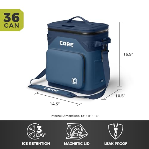Image of CORE Magnetic Leak Proof Soft Cooler with Waterproof Zipper | Insulated Bag Portable Ice Chest Box | Best Soft Cooler for Food & Beverages for Tailgating, Car Camping, Travel, and Family Beach Picnics