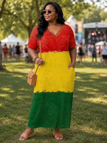 Image of Plus Size Maxi Dress for Women Short Sleeve V Neck Casual Loose Sundress with Pockets