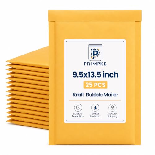 PRIMPKG Bubble Mailer Envelopes, Large Bubble Mailers, Exterior 9.5x13.5in, Interior 8.7x13.5in, 25 Pack Kraft Padded Envelopes, Self-Seal, Tear-Resistant Shipping & Mailing Envelopes