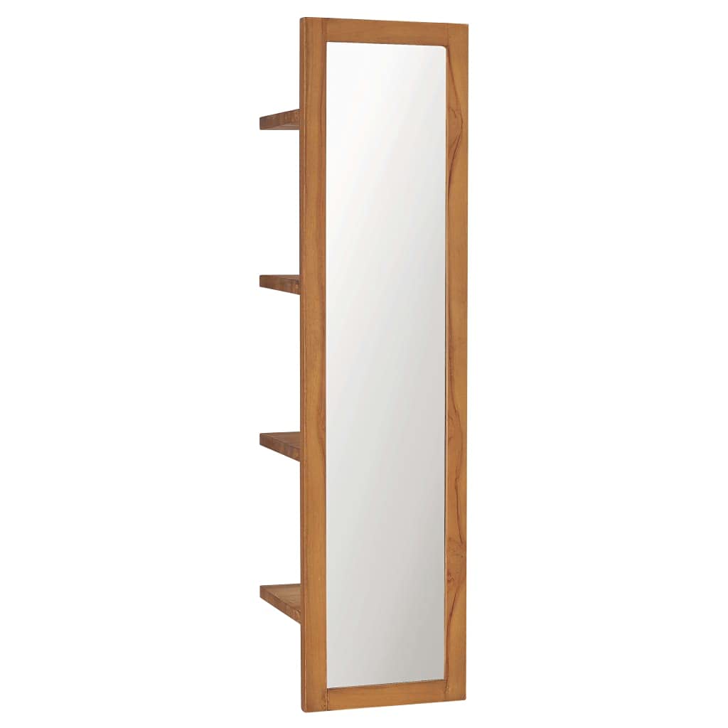Espejo de pared con estantes de madera de teca maciza 30 × 30 × 120 cm, espejo de baño con 4 estantes abiertos, montaje en pared, diseño vintage para pasillo, dormitorio, salón, decoración y