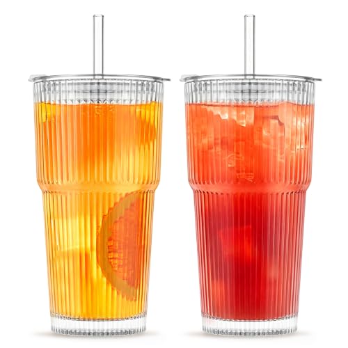 INSETLAN 600ML Ribbed Iced Coffee Cups 2 Pack Leakproof Glass Tumblers with Lids and Glass Straws Glass Cups with Straw and Lid for Matcha Iced Coffee Smoothie
