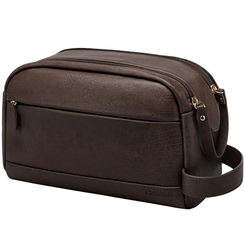 Celvetch PU Leather Toiletry Bag for Men - Water Resistant Travel Bag for Toiletries Bathroom Essentials Accessories - Dark Brown