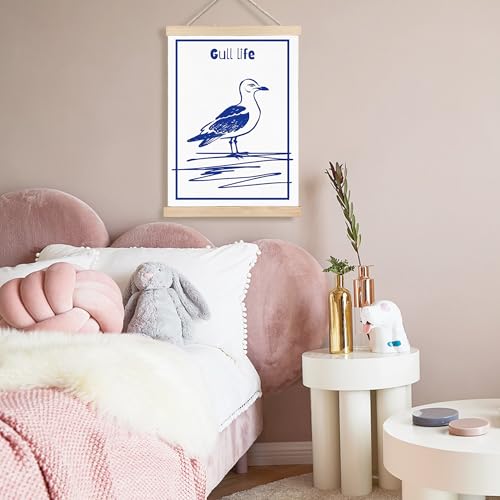 Image of PQKIY Funny Blue Coastal Seagull Bird Wall Art Poster Hanger Frame 12x16 in, Blue and White Nautical Ocean Bird Beach Wall Decor Canvas Prints for Beach House Room Home Bedroom