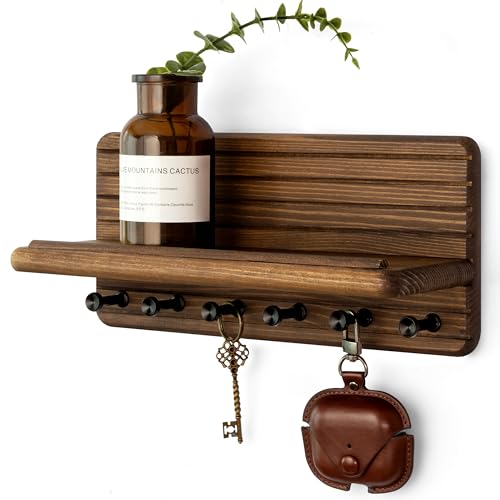 Rebee Vision ファームハウス キーホルダー 壁取り付け ホームデコレーション用 – 装飾用パイン木製キーホルダー 壁用 フック6個&フローティングシェルフ付き - 素朴なチャーム 部屋の装飾に 美的 (ブラウン)