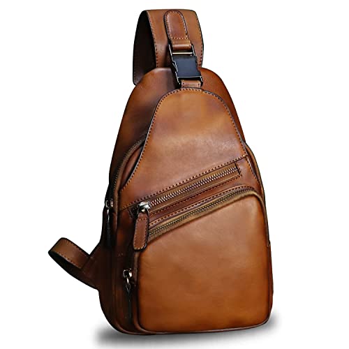 Genuine Leather Sling Bag Crossbody Purse Handmade Hiking Daypack Motorcycle Bag Retro Shoulder Backpack Vintage Chest Bag (Brown)