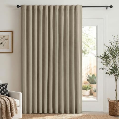 Image of Faux Linen Total Blackout Sliding Door Curtains 90 Inches Long, Plaza Taupe | 100% Blackout Shield Back Tab /Rod Pocket Sliding Door Curtains, Thermal Insulated Curtains 1 Panel Set, 100 inchW x 90 inchL