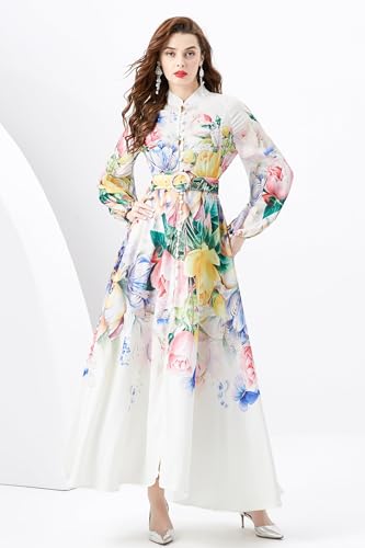 LAI MENG FIVE CATS Women's Floral Print Puff Sleeve Button Up Split Party Flowy Maxi Dress2