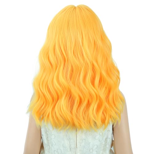 Image of PATTNIUM Yellow Curly Wig for Kids Girls Short Wavy Wigs with Bangs Shoulder Length Wavy Heat Resistant Synthetic Wig