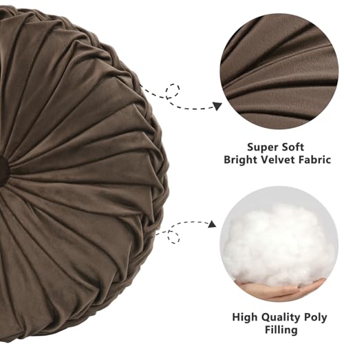 Image of HIG Set of 2 Decorative Round Pleated Throw Pillows,Classy Accent Pumpkin Throw Pillows with Center Button,Vintage Velvet Floor Pillows for Sofa Vanity Chair Bed,Chocolate,14.5 inch Diameter(Ripple)