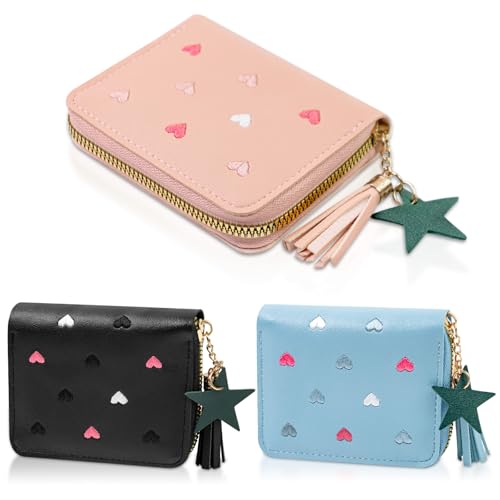 3 Pcs PU Leather Women Small Wallet with Zipper, Cute Slim Coin Purse with Star Pendant, Solid Color Wallet with Card Slots (Multicolor)