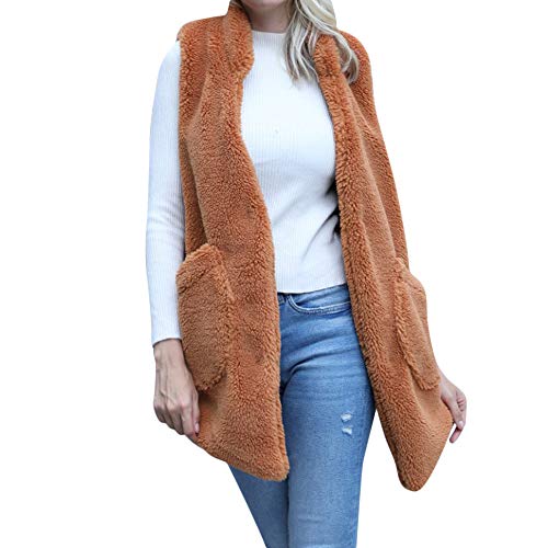DongDong✫Women Hoodie Sleeveless Coat- Faux Fur Solid Lapel Long Vest Waistcoat Outwear Tops