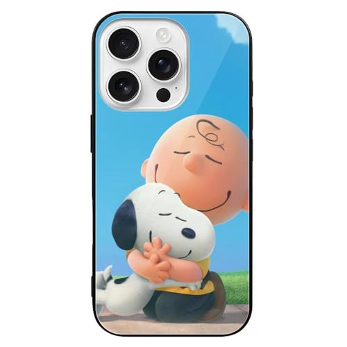 Booaee iPhone 16 Pro 用 ケース スヌーピー ガラス 黒 TPU 肌触り 指紋防止 クリエイティブパターン 傷防止 落下防止 耐久性のある