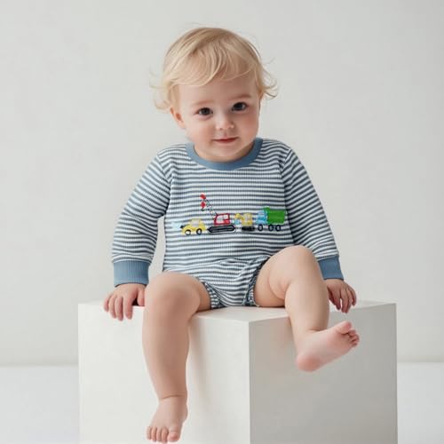 Newborn Baby Boy Fall Outfit Truck/Tool Long Sleeve Sweatshirt Bubble Romper Waffle Knit Striped Bodysuit Clothes2