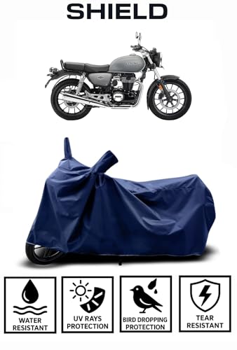Image of Shield Heavy Duty Bike Cover for Honda Hness Cb350 | All-Season, Tear-Proof Fabric | with Side Mirror Pocket & Buckle Belt | Honda Hness Cb350 Bike Cover (Blue)
