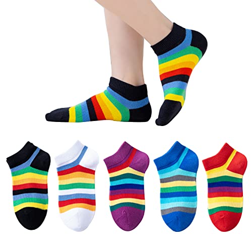 Marchare Girls Seamless Socks Rainbow Stripes Cotton Socks Kids School Crew Socks 5 Pack