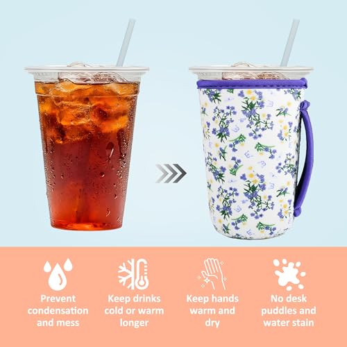 Image of KJQJLY 3 Pac Reusable Iced Coffee Sleeves for Iced Coffee Cups or Drinks Reusable Neoprene Insulated Sleeves for Hot and Cold Drinks from Starbucks, Dunkin, And More (Little Orchid)