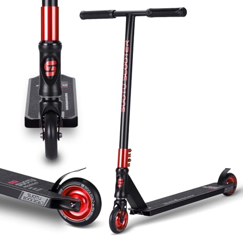 SUOTU Patinete Freestyle, Dirección de 360°, Ruedas de PU de 85A 100 mm, Scooter Freestyle para Niños Adolescente y Adultos, Capacidad Máxima de Carga: 100 kg, Aluminio (Negro– Rojo)
