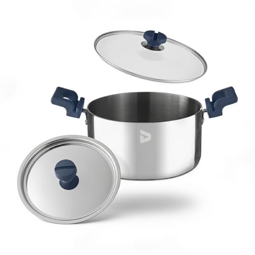 Image of VB DACE Triply Stainless Steel Biryani Pot 24 cm (4.8 L) | Heavy Gauge Handi with Glass & Steel Dual Lids | Induction & Gas Compatible | Even Heat Distribution | Ideal for Biryani, Rice, Curry & Stew
