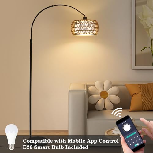 Image of Arc Floor Lamps for Living Room with 3 Color Temperatures, Black Standing Lamp with Remote & Dimmable LED Bulb, Rattan Boho Floor Lamp, Farmhouse Tall Lamp for Bedroom, Over Couch Arched Reading Light
