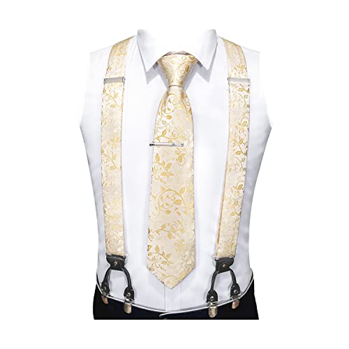 Image of Barry.Wang Men Suspender Set with Necktie Elastic Y Type Heavy Duty 6 Clips Braces Tie Handkerchief Cufflink Pin 6PCS