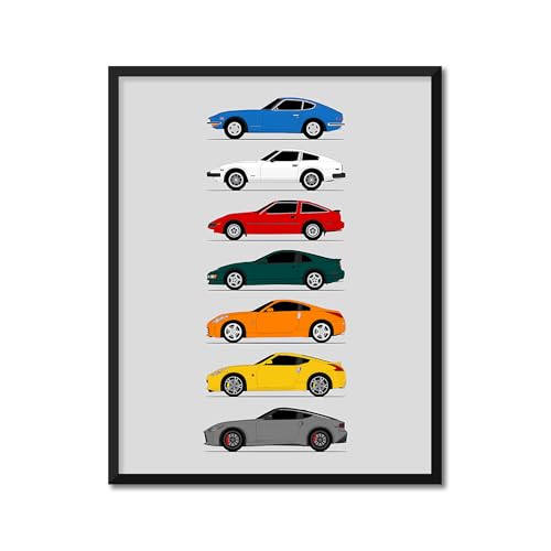 Custom Car Posters Handmade Poster compatible with Nissan Z Car Generations (Side Profile) Print Art Decor the Datsun Fairlady Z (240Z 280ZX 300ZX 350Z 370Z Z) - Multi 8x10 Satin Print (Unframed)