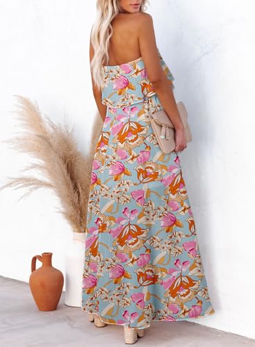 Image of Dokotoo Womens Strapless Dresses Casual Side Split Flowy Boho Maxi Dress | High Waist,Off The Shoulder,Wedding Guest,Bohemian,Beach Vacation Clothes,Floral Print,Sundresses,Casual
