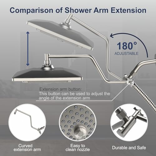 Image of ELLO&ALLO Rain Shower Head with Handheld Spray, Rainfall Shower Head Combo with 60 inch Hose, Dual Showerhead Set with Adjustable Shower Extension Arm, Brushed Nickel