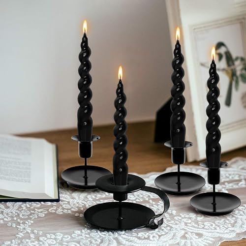 Image of Short Taper Candles Black Spiral Candle Sticks Smokeless 7.5 Inch Unscented Twisted Candle Handmade Tapered Candles 4PCS for House Warming Gift Romantic Dinner Decor