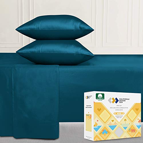 CALIFORNIA DESIGN DEN 400-Thread-Count Pure Cotton King Sheets - Blue 4 Piece Sheet Set, wrinkleless Sateen Weave, Elasticized Deep Pocket Fits Low Profile Foam and Tall Mattresses