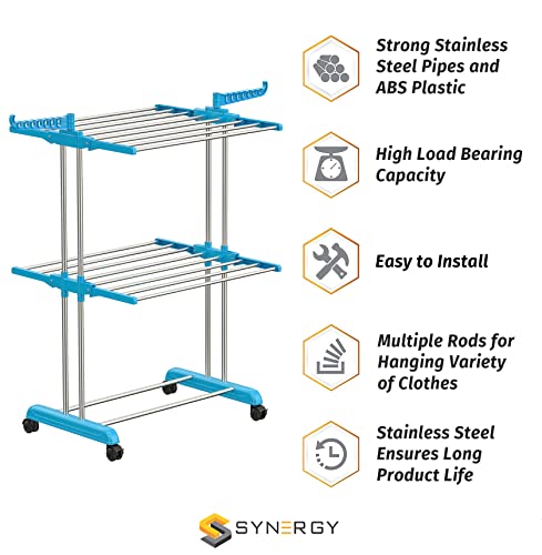 Image of Synergy - Premium Heavy Duty Stainless Steel Clothes Drying Stand | Cloth Dryer Stand | Cloth Stand for Drying Clothes Foldable | Cloth Hanging Stand | Cloth Drying Stand (2-Tier) Blue - SY-CS19-L2
