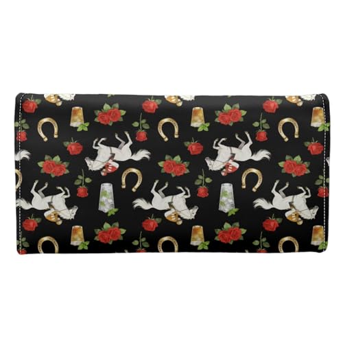 Image of AFPANQZ Leather Wallet for Women Bifold Leather RFID Wallets for Women Horse Rose Print Credit Card Holder with ID Window Coin Pocket for Lady