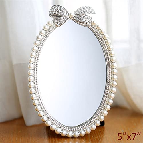 Miroir de table ovale cadeau chic argent brillant strass perles blanches