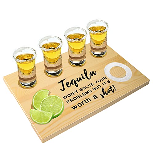 Tequila Flight Board,Tequila Gifts Shot Glass Holder Shot Glasses Serving Tray - Christmas Tray Wooden Tray Bar Tray for Liquor for Restaurant, Bar, Farmhouse, Party, Family Gathering