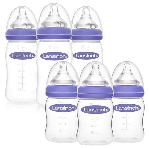 Image of Lansinoh Anti-Colic Baby Bottles for Feeding Babies, 3 Count Each of 5 Ounces and 8 Ounces, 6 Bottles Total, includes 3 Medium Flow Nipples (Size M) and 3 Slow Flow Nipples (Size S)