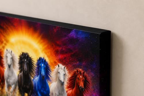 Image of 7 Horse Vastu Sunrise Canvas Painting | Positive Energy Wall Decor | Big Size Premium Running Horses Artwork for Home, Office & Hall Decoration (Modern, Galaxy Horse, 26x18 Inch)