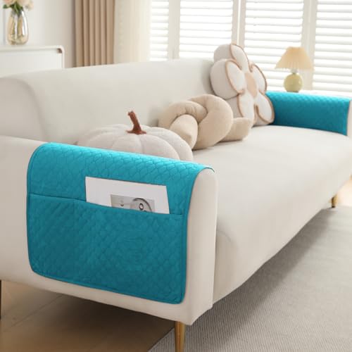 Image of HOKIPO Polyester Quilted Sofa Armrest Cover With Pockets, Teal, Pack Of 2 (1 Pair) (In-787-Tl*2)