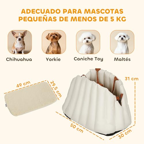 PawHut Asiento de Coche para Perros Pequeños, Asiento de Coche para Mascotas de hasta 5 kg con Cinturón de Seguridad y Base Antideslizante, Cama de Viaje Portátil con Funda Extraíble y Lavable, Crema - imagen 7