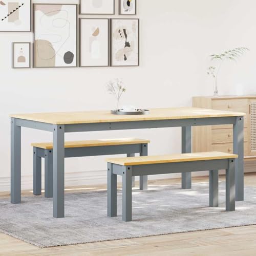 Homgoday Juego de Comedor Panama 3 pzas Madera Maciza de Pino Gris Conjunto Mesa y sillas de Comedor, sillas Comedor, Set Muebles de Cocina para el Hogar, la Oficina y el Café