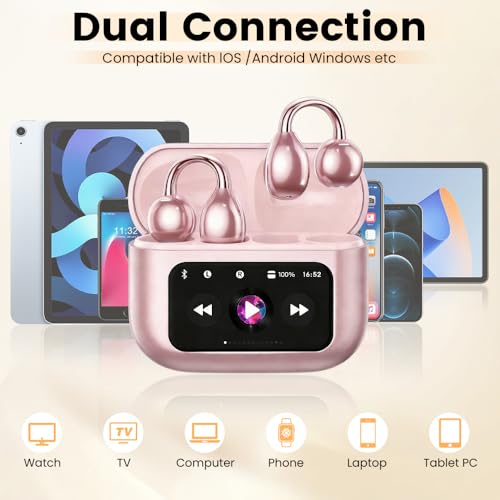 Image of Clip On Ear Headphones, Open Ear Earbuds Wireless Bluetooth 5.4, Clip On Earbuds with LCD Touchscreen, Lightweight Comfort Open Ear Headphones for Pad Tablet Laptop Android /iOS Phones (Pink)