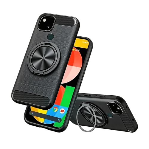 Nijiadi Compatible for Google Pixel 5 Case, 360° Rotatable Ring Holder & Kickstand, Shock Absorbing Flexible TPU Rubber Carbon Fiber Jacket Protective Cover Case for Google Pixel 5 (Black)