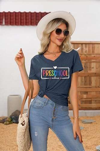 Preschool Vibes Shirts for Women Preschool Teacher T Shirts Funny V Neck Tees Teacher Back to School Summer Tops3