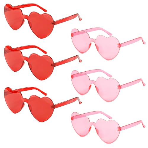 JOYIN 6 Pcs Valentine's Day Heart Shape Glasses, Rimless Sunglasses, Stylish and Safe Eyewear in Red and pink, Party Favor, Rainbow Sunglasses Candy Color Rimless Glasses for Women and Girl