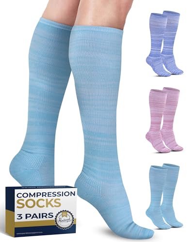 Pembrook Light Compression Socks for Women & Men - 3 Pairs | Compression Socks Women for Travel and Flight | Blue, Teal, Coral (Space Dye)