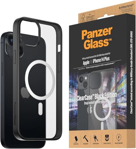 PanzerGlass™ ClearCase para iPhone 14 Plus - MagSafe funda compatible con iPhone - resistente a los arañazos cubierta trasera de vidrio templado con marco de TPU que absorbe los golpes