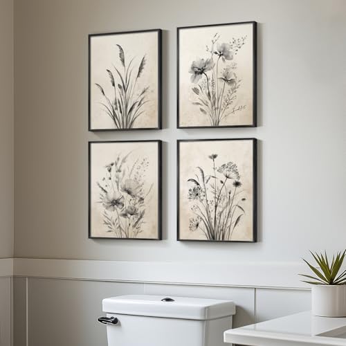 Framed Boho Vintage Botanical Wall Art, 4 Piece Black and