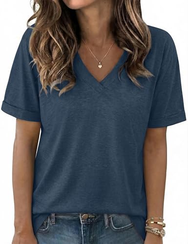 Aottori Tshirt Femme Manche Courte Col V T-Shirt Ete Elástique Ample Haut Long Léger Chemise Chic Couleur Unie Décontracté Top Marine L