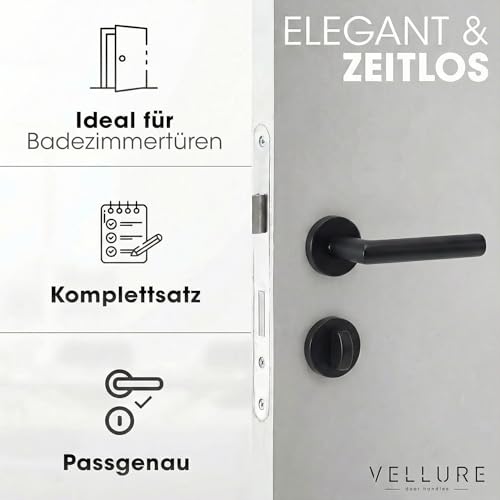 Vellure Klamki czarne drzwi wewnętrzne [wraz z szablonem do wiercenia] – zestaw klamek WC i klamka czarna – wysokiej jakości klamka i okucia drzwiowe zestaw – zamek do drzwi WC z pokrętłem